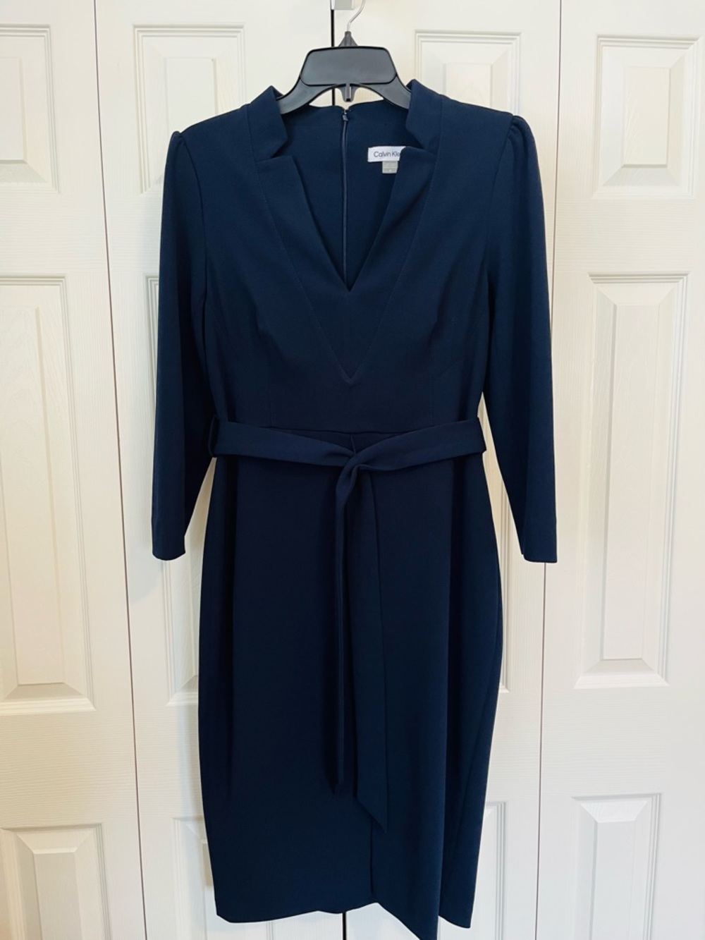 Calvin Klein Dark Navy V-Neck Belted Long Sleeve Sheath Dress